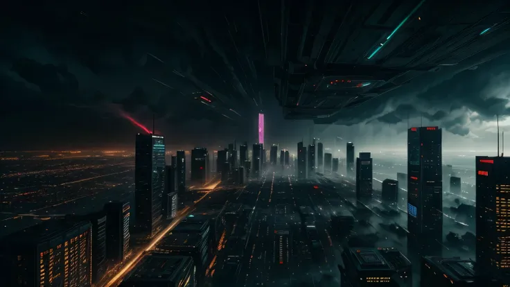 Drizzing over a cyberpunk city. Dramatic lightining. Work of ark. 4k. Masterpiece. 8k.