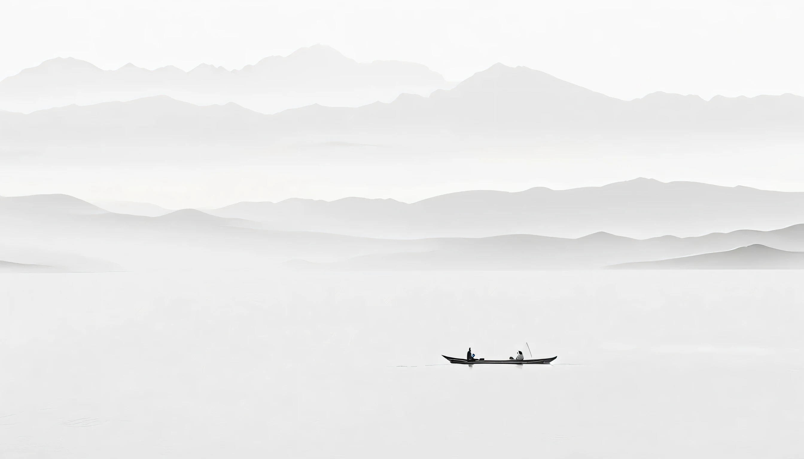 A man is riding a boat on the lake，Surrounded by mountains, Simple wallpaper, Computer wallpaper，simple background））, Minimalist illustration））, white desert background,, Mountain fog background, white simple background, hq 4k , mountains in background, ta...