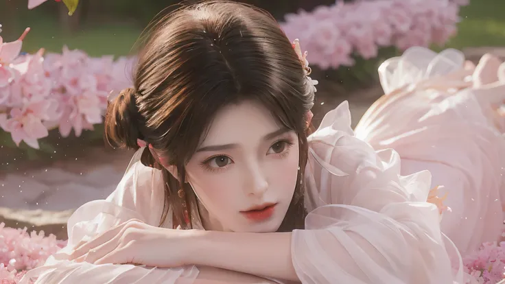 dress, One hand resting on his lips、There are white butterfly orchids around the hair，Lilac dendrobium、orange lily、white lilies、1 girl in、Full body photo、White hair、floated hair、Hazy beauty、Have extremely beautiful facial features、Hairpin on the head、Lie i...