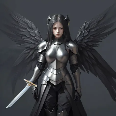 Woman in black armor with angel wings and sword in hand 