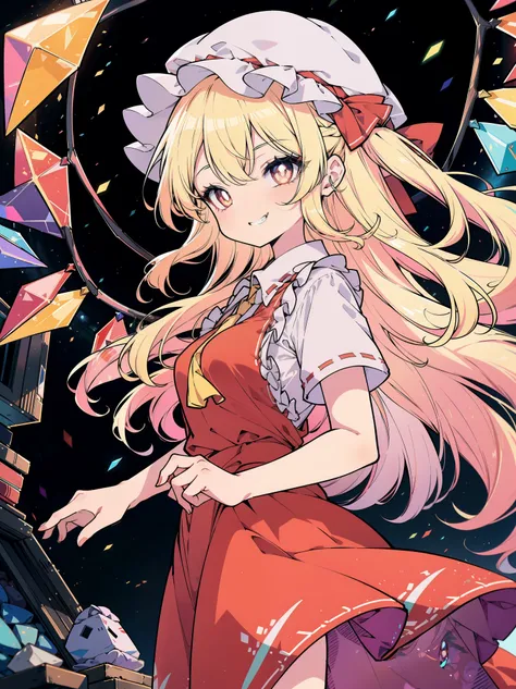 Side view, (colorful:1.1), glowing, (ultra-high resolution, depth of field:1.2), (Flandre scarlet:1.1), (1woman), (adult), Touhou project, (medium breasts), (crimson eyes), white pupils, glowing eyes, blonde hair, wavy hair, (long hair:1.1), (french braid)...