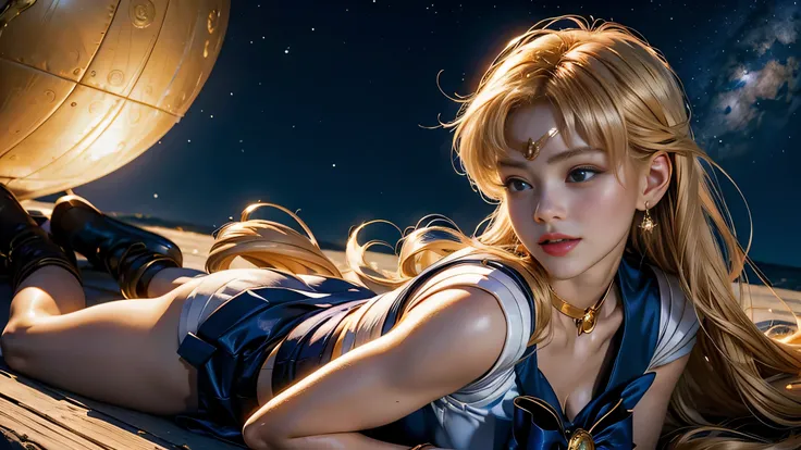 Very beautiful and shining big eyeasterpiece)), ((highest quality)), (super detailed), ((very detailed)), 4k, (8K), sailor moon, long blonde hair, The aesthetics of sailor moon, dream core, Aesthetics of Pleasure、slight smile, realistic,(Lie:1.3)