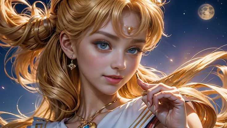 Very beautiful and shining big eyeasterpiece)), ((highest quality)), (super detailed), ((very detailed)), 4k, (8K), sailor moon, long blonde hair, The aesthetics of sailor moon, dream core, Aesthetics of Pleasure、slight smile, realistic,(Lie:1.3)