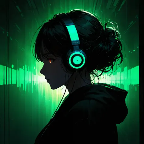 1girl, solo, headphones, hoodie, silhouette, green theme, low saturation,silhouette，darkness，(background with rich lines:1.8)，ab...