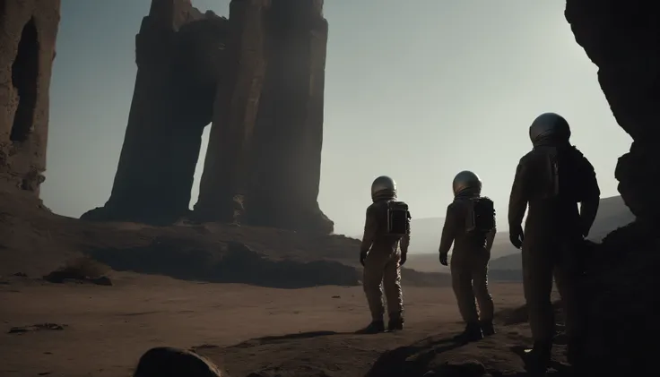 (cinematic, high resolution, 4K), evocative image of three astronauts observing the entrance to a ruined structure with alien statues on an extraterrestrial planet. Dark and dark scene, feeling of mystery, focus on the subjects, photorealistic