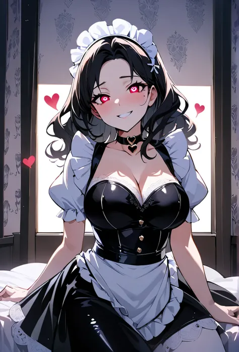 {Girl with shoulder-length black wavy hair named Rico}, maid costume,latex,tall,, (It feels like saying Hello, daytime hours), indoor,{going out style}, ((Heart-shaped choker) ), (bedroom), Bright background, Mole under the eye, Heart-shaped choker, ((Mast...