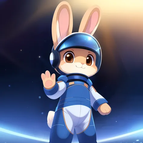 In the foreground, a charming anthropomorphic rabbit clad in a blue space suit waves hello. With a fluffy white tail swaying side to side and big, expressive brown eyes, this cuddly creature greets the viewer with a warm smile. The space suit, complete wit...