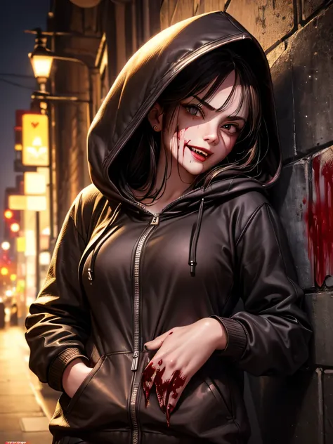 1 girl, 18 years old), at night, wearing a black hooded sweatshirt, hood on her head, Capri pants: 1.5, (hands in pocket: 1.5), in a dark street, leaning against the wall, looking at the viewer, with its mouth wide open, with pointy teeth, devilish smile s...