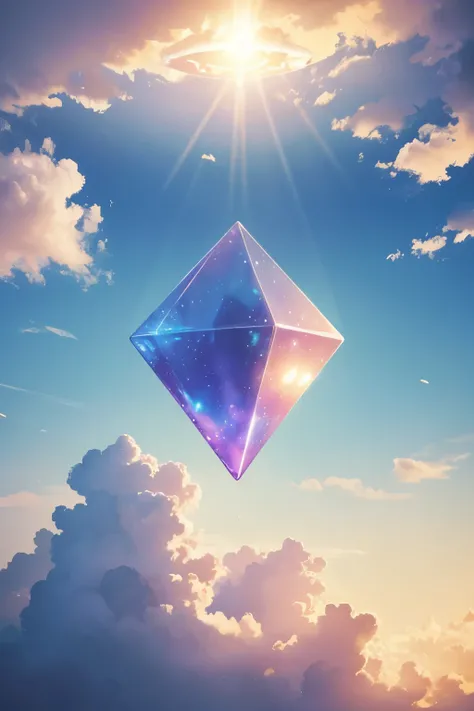 best quality, super fine, 16k, incredibly absurdres, extremely detailed, a (complex and translucent giant geometric shape object) floating above the clouds in the sky, fantasy world image, fantastic and mysterious, sunlight shining through, BREAK , backgro...