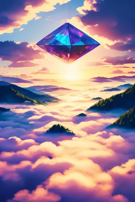 best quality, super fine, 16k, incredibly absurdres, extremely detailed, a (complex and translucent giant geometric shape object) floating above the clouds in the sky, fantasy world image, fantastic and mysterious, sunlight shining through, BREAK , backgro...