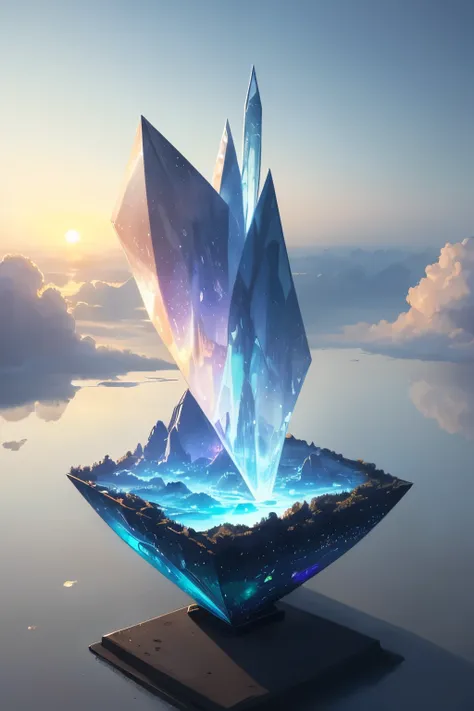 best quality, super fine, 16k, incredibly absurdres, extremely detailed, a (complex and translucent giant geometric shape object) floating above the clouds in the sky, fantasy world image, fantastic and mysterious, sunlight shining through, BREAK , backgro...