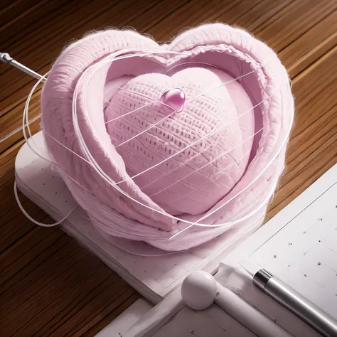 A drawing of a heart-shaped ball of wool, con una aguja de tejer y un crochet en el estambre, y del estambre salga un hilo formando el nombre Blossom.