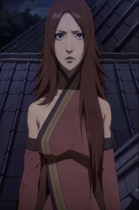 a woman with long brown hair standing in front of a roof, kunoichi, in the anime film ergo proxy, erza scarlet as a real person,...