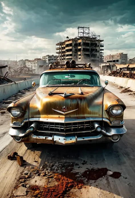 faithful image of an old rusty 1955 cadilac eldorado with spikes and spikes on the hood, military style with modifications, the car is racing on a street suspended over a destroyed white concrete overpass in the center of a post-apocalyptic city with many ...