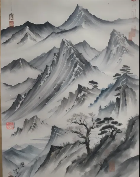 close-up of a mountain painting，a mountain in the background, 中国ink painting, traditional 中国ink painting, 博物馆ink painting, ink p...