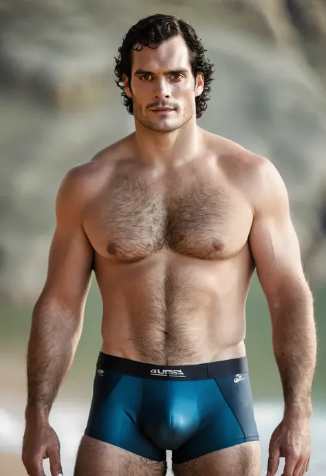 A man with a face identical to actor Henry Cavill, olhos azuis, tall and muscular. Cavelos pretos, wavy and medium size.shirtless and just wearing boxer shorts, justa marcando as coxas egenital. 