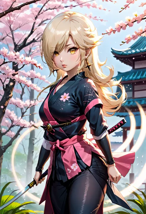 (best quality,ultra-detailed,realistic:1.37),studio lighting,sharp focus,katana warrior,blonde hair,kunoichi outfit,confident ex...