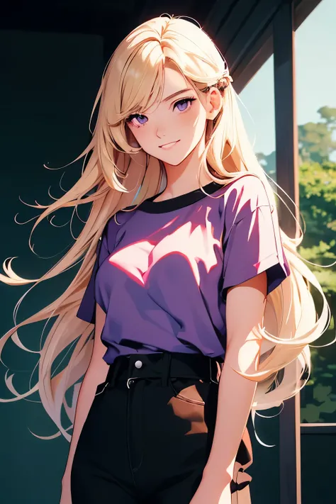 2d illustration, anime, a painting portrait in fine arts, in manhwa style, Bishamon from noragami, 1girl, blond, long hair, big hair, purple eyes, makeup,  beautiful, high definition, masterpiece, best quality, high detail, high detailed eyes, grain filter...