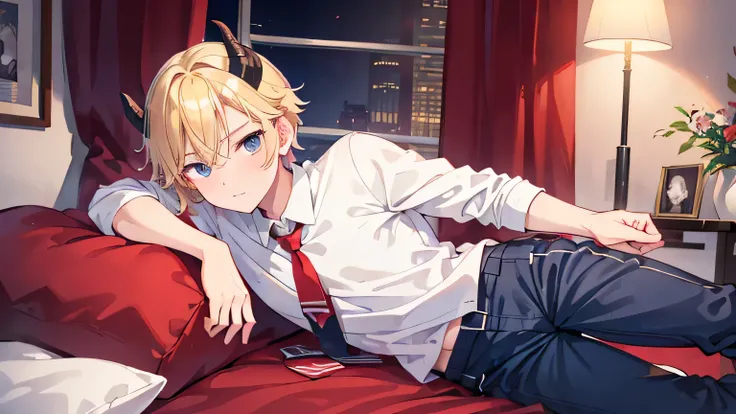 Masterpiece, best quality, high resolution, 1 boy, handsome guy, short blond hair, Taurus, horns, black eyes, red shirt, white crew neck, tie, blue pants, student council president