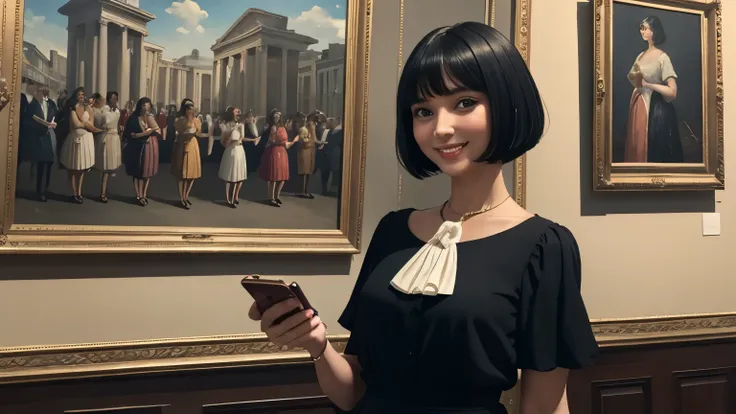 a caucasian woman with a cheerful smile, sporting a black bob haircut, dressed in a short-sleeved, formal blouse paired with tai...