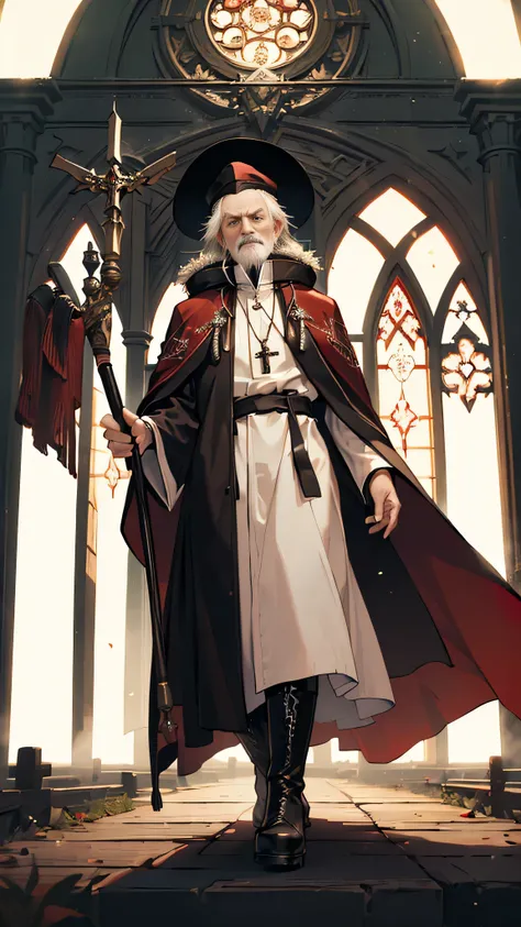 (((((old man))))), masterpiece, ultra detailed, 8K Portrait, Raw photo, mans portrait photography, full body, Highly detailed face, ((Fantasy)), 83 years old, 1 man, white long wavy hair, beard, ((bishop)), wood necklace, clergy hat, (((long cloak))) flutt...