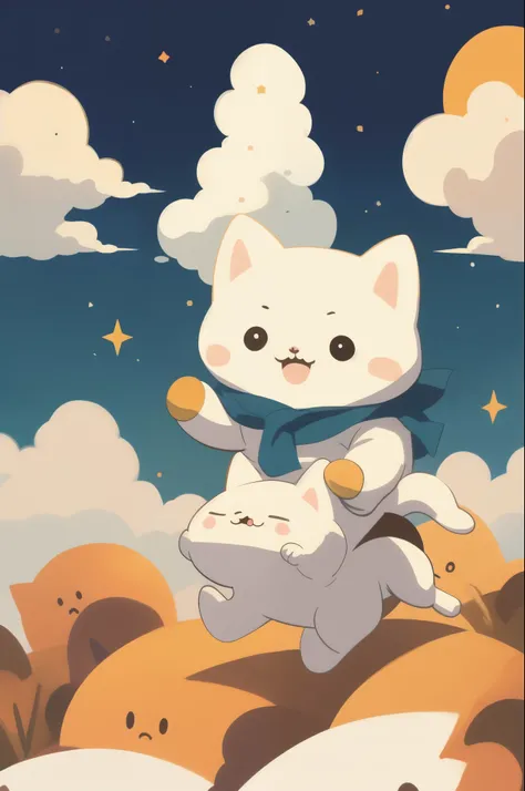 Cute Line Cat, sit with mouth open with happy face Riding a rockets in sky, stars, detailed