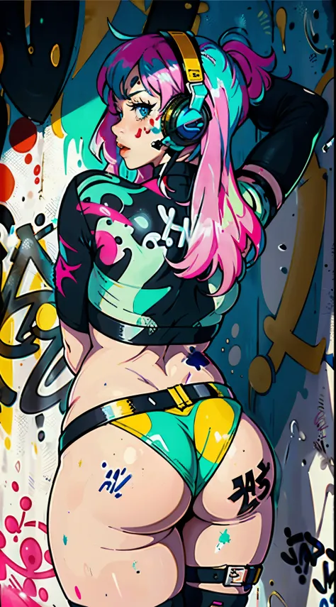 masterpiece, best quality, 25 years old beautiful woman, long hair, (mature face:1.4), 1woman, solo, crop top, tongues underwear, choker, (from behind:1.4), plumb ass, thick thighs, thin waist, (graffiti:1.5), paint splatter, arms behind back, against wall...