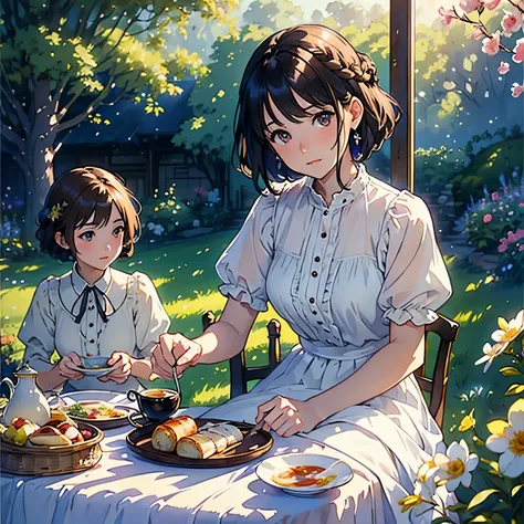 (highest quality、masterpiece、High resolution)、(Sargent style watercolor)、(anime art)、soft light、Views of the Cotswolds、old farmhouse、flowers bloom、(4 women)、medium short hair、dark brown hair、braided hair、White blouse and long skirt、picnic、table、Tea set、dri...