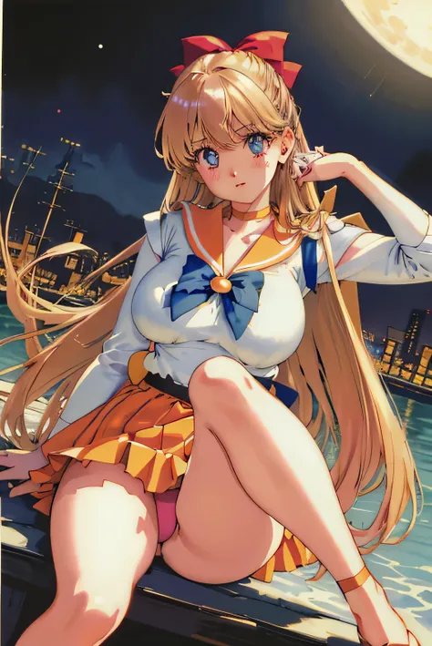 Delicately drawn eyes, masterpiece, highest quality, High resolution, SV1, sailor warrior uniform, orange skirt, elbow bag, tiara, pleated skirt, mini skirt, red bow, orange choker, white gloves, jewelry, city, night, moon, physical education sitting, Show...