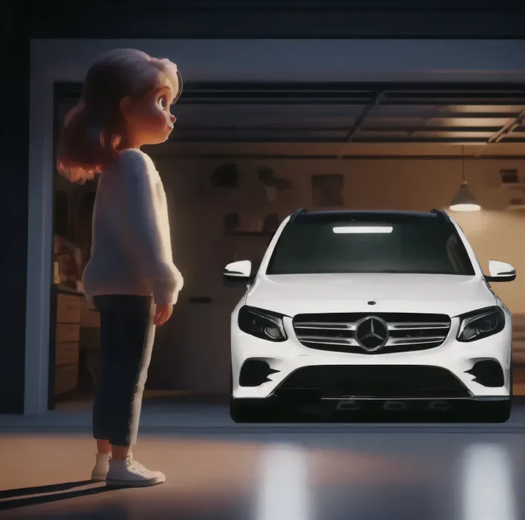 A cute little girl stands in front of a white car in the garage, , Mercedes ·, Surreal&quot;, Surreal&quot;, Bright light masterpiece, clever, 🤬 🤮 💕 🎀, 🪔 🎨;🌞🌄, Car Business Photos, 2 d CG, television, movie front shot, 😃😀😄☺🙃😉😗, &quot;Surreal