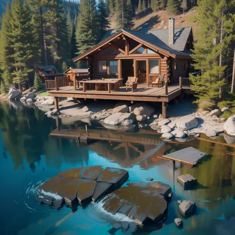 a view of a cabin on a lake with a hot tub, lake house, top angle view, watermark:-1, log homes, stunning masterpiece, detailed masterpiece, typical, mix with rivendell architecture, full face view, higly detailed masterpiece, taken in 2 0 2 0, true realis...