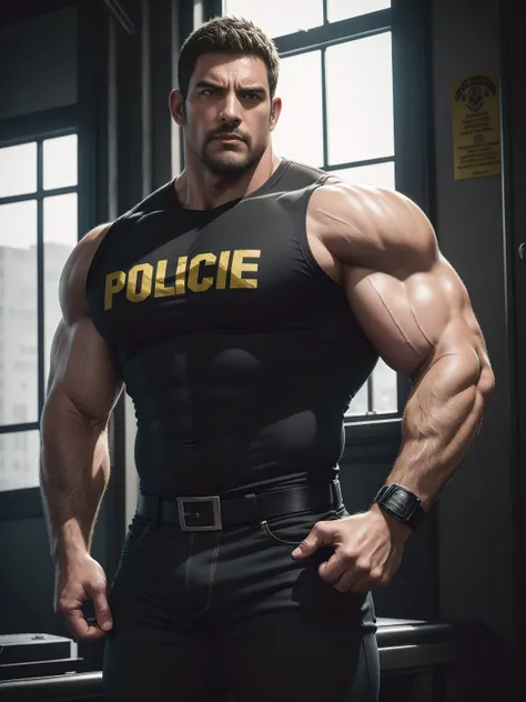 One Tall giant muscular police officer, he was angry, The expression is arrogant, Lift your chin, disheveled hair, thick thighs, Yellow and black police officer T-shirt, Very tight, Accentuate muscles, Police uniform pants, character concept（Resident Evil ...