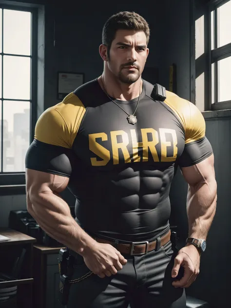 One Tall giant muscular police officer, he was angry, The expression is arrogant, Lift your chin, disheveled hair, thick thighs, Yellow and black police officer T-shirt, Very tight, Accentuate muscles, Police uniform pants, character concept（Resident Evil ...