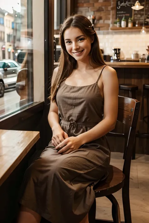 a beautiful girl is sitting in a coffee shop and smilling she is wearing a decent long dress
