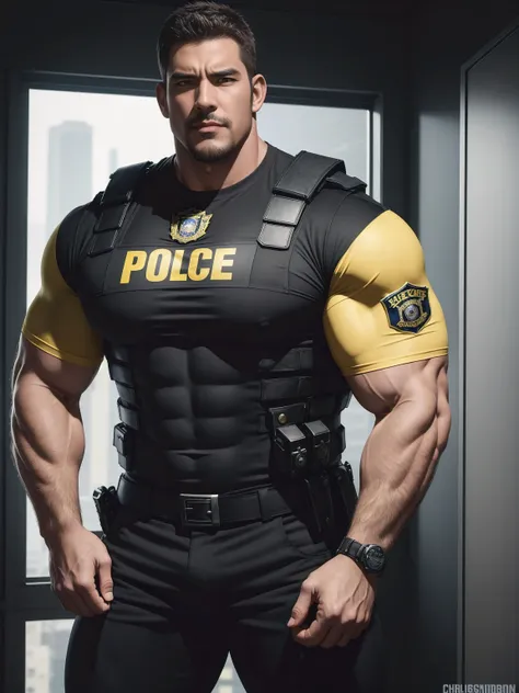 One Tall giant muscular police officer, Yellow and black police uniform, The expression is arrogant, Lift your chin, disheveled hair, thick thighs, Yellow and black police officer T-shirt, Very tight, Accentuate muscles, Police uniform pants, character con...