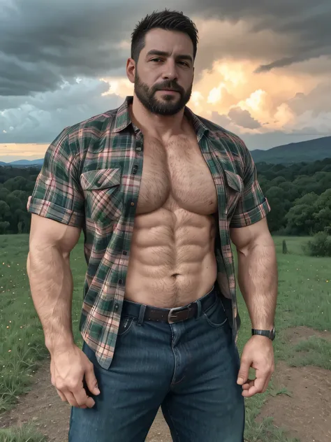 obra maestra, Mejor calidad, high resolution, Retrato de primer plano, (1 chico:1.4) A man in a lumberjack suit, muscular, (con camisa: 1.2) enfoque masculino, enfocarse solo, piel bronceada, 38-year-old man dressed as a lumberjack., muscular, fuerte, pelu...