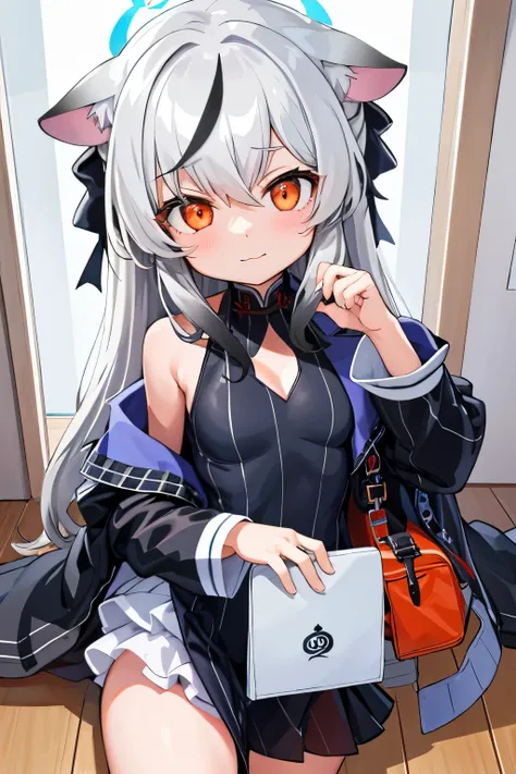 tmasterpiece， best qualtiy， ultra - detailed， 1girll，Gray hair Kokona， inside in room， Orange eye， ：3，the face,  closeup cleavage,  Winter suit, winter wonder