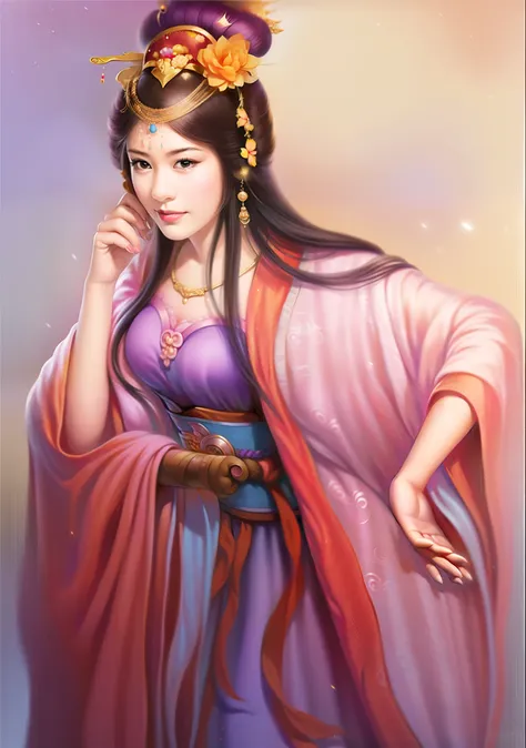 woman wearing purple dress and golden crown, beautiful fantasy queen, beautiful figure painting, ((beautiful fantasy queen)), an...