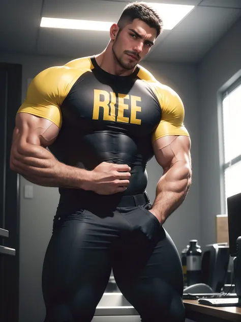 One Tall giant muscular police officer, Yellow and black police uniform, The expression is arrogant, Lift your chin, disheveled hair, thick thighs, Yellow and black police officer T-shirt, Very tight, Accentuate muscles, Police uniform pants, character con...