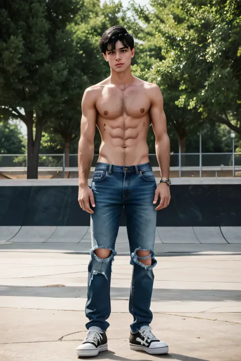 shirtless sweat-drenched 21-year old short black hair handsome caucasian male, tattered jeans, rubber shoes, in the skater park