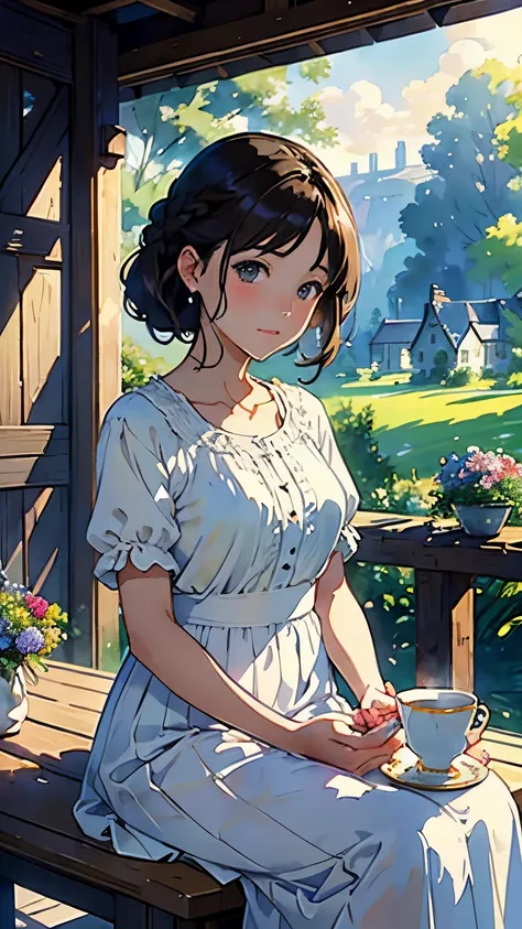 (highest quality、masterpiece、High resolution)、(Sargent style watercolor)、(anime art)、soft light、Views of the Cotswolds、old farmhouse、flowers bloom、(three women)、medium short hair、dark brown hair、braided hair、White blouse and long skirt、picnic、table、Tea set...