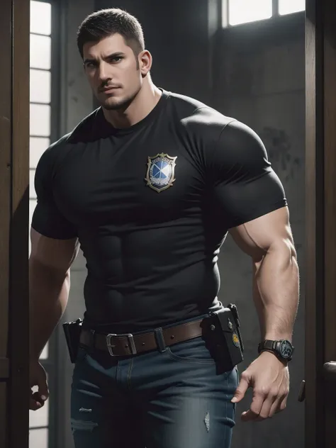 One Tall giant muscular police officer, he was angry, disheveled hair, thick thighs, Yellow and black police officer T-shirt, Very tight, Accentuate muscles, Dark grey jeans, character concept(Resident Evil - chris redfield, chris redfield)proud expression...