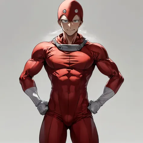 Ultra-detailed, Masterpiece, Hero, Saitama, (Muscular body), Powerful, (Red and white suit), (Cap on head), (Sweat drops), Grin, (Self-taught hero), (Simple but effective), High resolution, (Realistic rendering), 1 character, Solo, (Monotonous expression),...