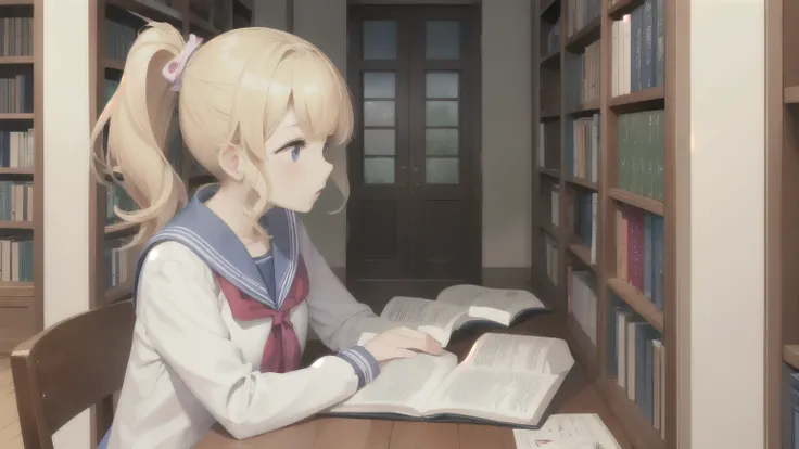 1 girl、blonde、ponytail、sailor suit、library、Concentrate on your studies、reference book