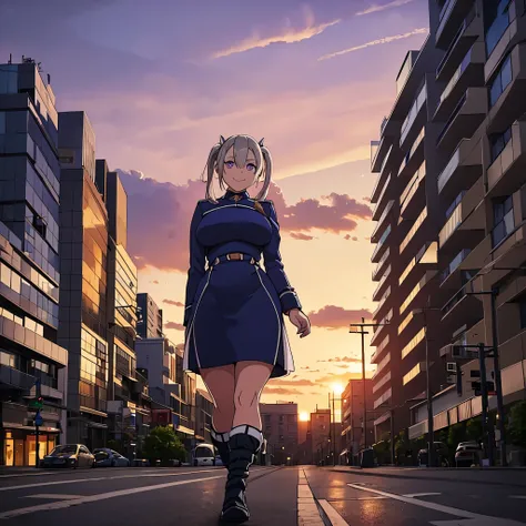 A woman wearing a dark blue military dress with white details, purple eyes, beige hair, pigtails, smiling, walking on a sidewalk in a big city, large buildings around, at sunset, lighting, HDR. ultra resolution, masterpiece, perfect, very detailed, 8k hd
