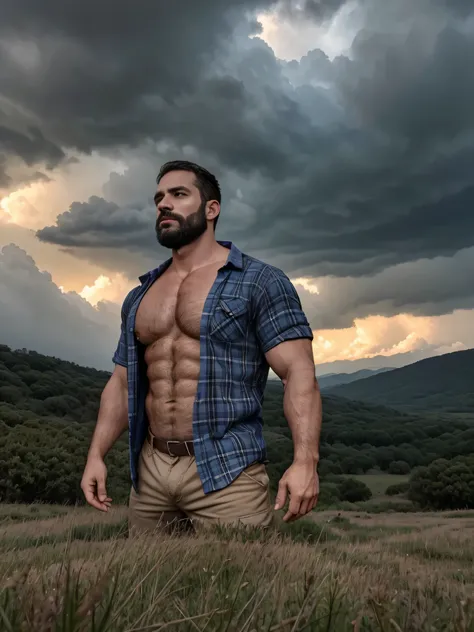 obra maestra, Mejor calidad, high resolution, Retrato de primer plano, (1 chico:1.4) A man in a lumberjack suit, muscular, (con camisa: 1.2) enfoque masculino, enfocarse solo, piel bronceada, 38-year-old man dressed as a lumberjack., muscular, fuerte, pelu...