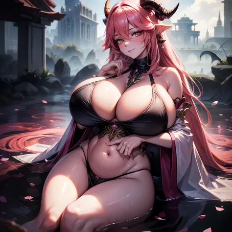 A female demon milf with black demon horn with wet dress, transparent dress getting wet, visible belly button, visible belly, ((demon horn)), extremely long pink rapunzel hair, ((Rapunzel pink hair)), white eyes of the devil., ((white eyes)), voluminous bo...