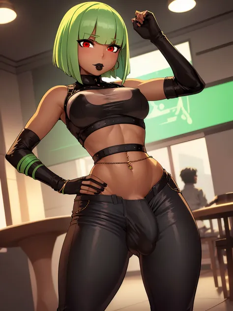 (solo:1.1),(masterpiece), (best quality:1.3), highly detailed, intricate, professional art, digital art, absurdres, confidant, emerald sustrai, futanari emerald sustrai wearing a white and green leotard with arm gloves and high-waisted-pants confidently po...