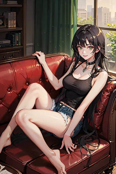 1 girl, Long black hair, deep green eyes,((beautiful face)), mature body, sitting on a couch, collar, Black top, short jean shorts. thick thighs, breasts. anime style, smiling