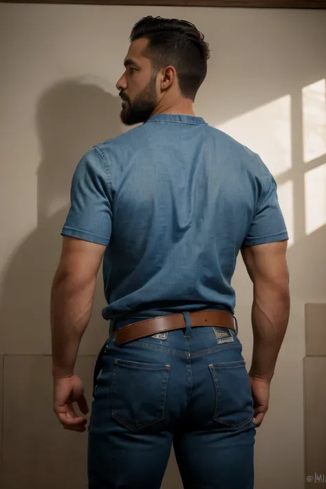 retrato de Richard, un hombre guapo mayor , pelo de sal y pimienta , barba mediana , wearing jeans with a big black belt , vistiendo una camisa a cuadros roja. Nalgas grandes de hombre. Backside nalgon